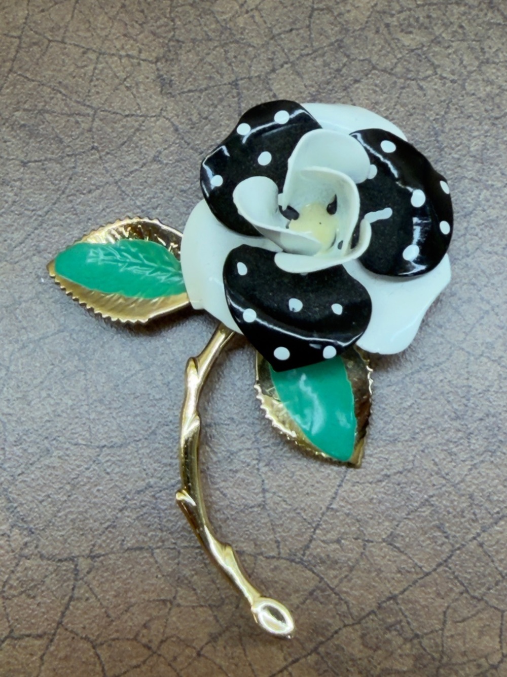 Black & White Polka Dot Flower Brooch with Green Leaves